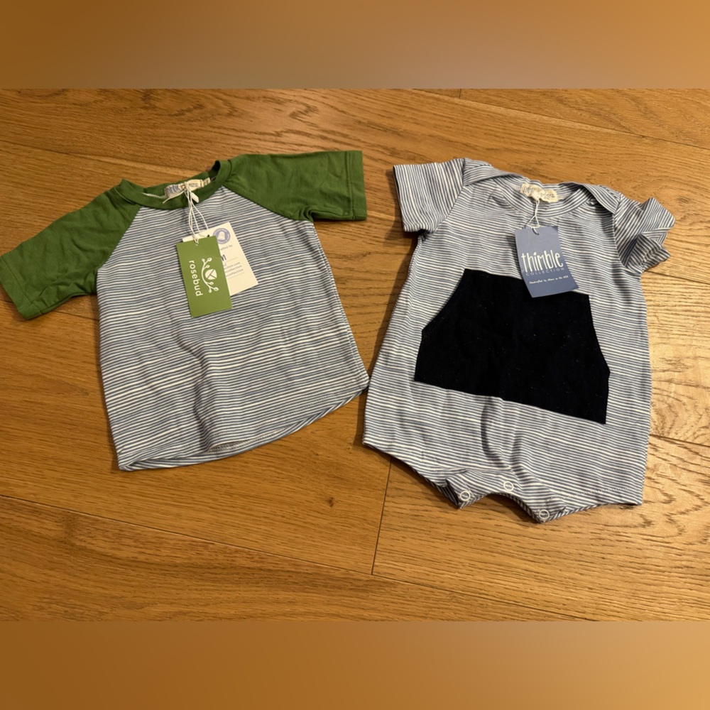 Thimble Striped Green and Blue Shirt and Romper Bundle